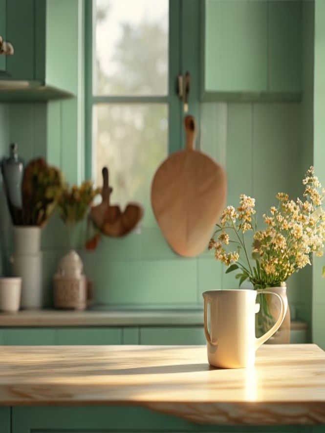 Soligt køkken om morgenen med kaffe og planter